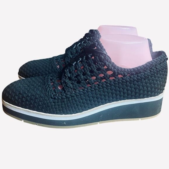 Donald Pliner Women's Sz 9 Napoli Crepe Elastic Tie Wedges Black - Picture 5 of 10